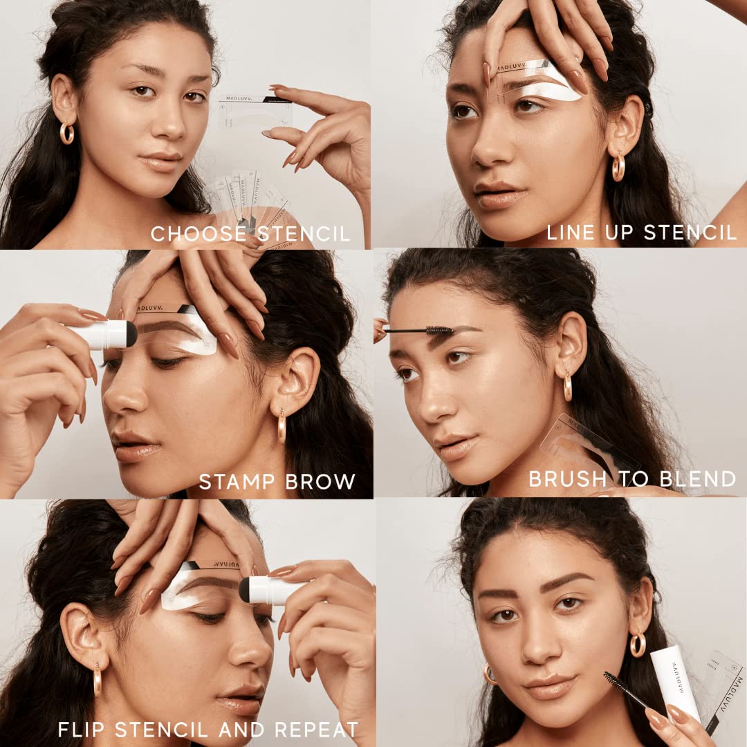 MADLUVV brow stamp pressing through stencil onto skin for quick color transfer