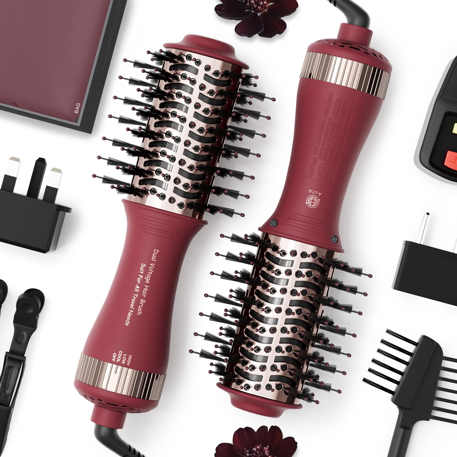 Madremía front view of packaged travel hair dryer brush showing compact benefit