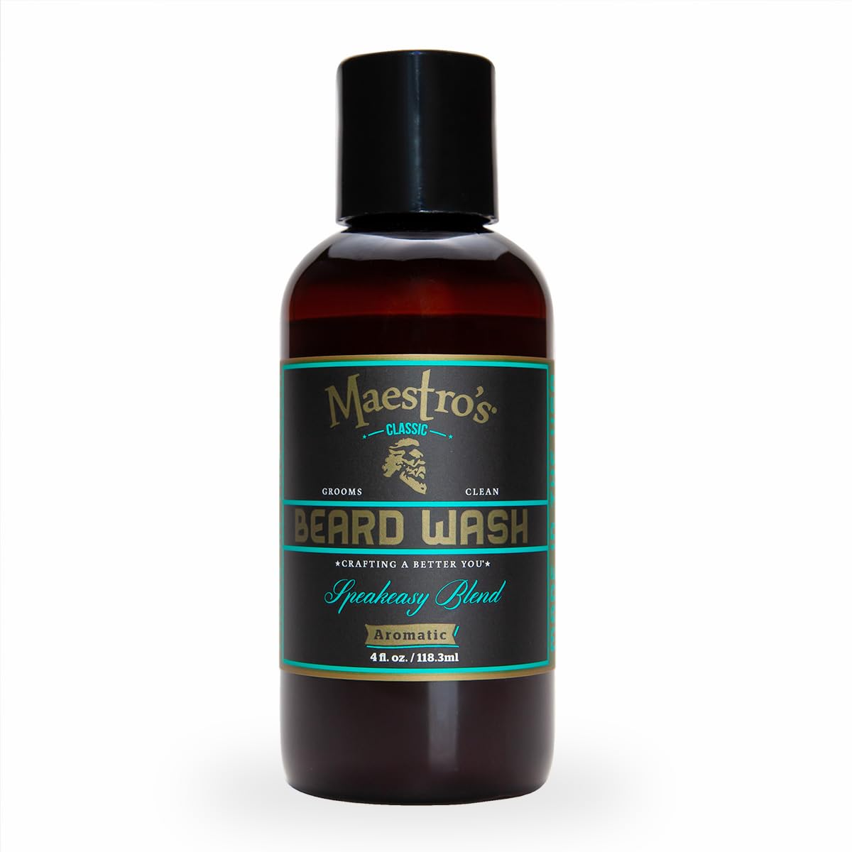 Maestro's Classic front bottle showing Speakeasy scent and clear benefit