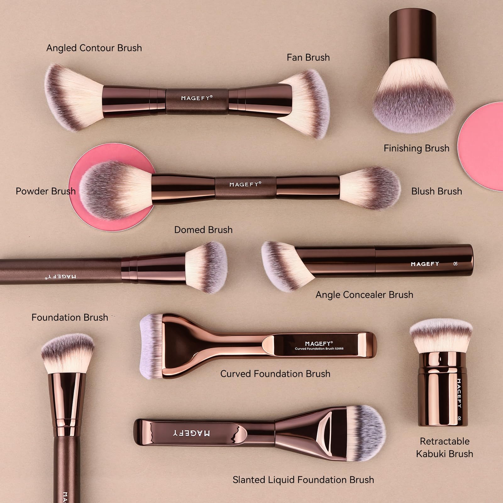 MAGEFY brushes neatly arranged in the included travel case for organized portability