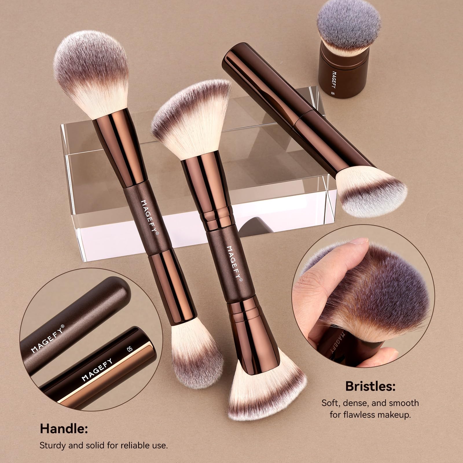 MAGEFY double-ended brush close-up showing dual heads for two functions in one tool