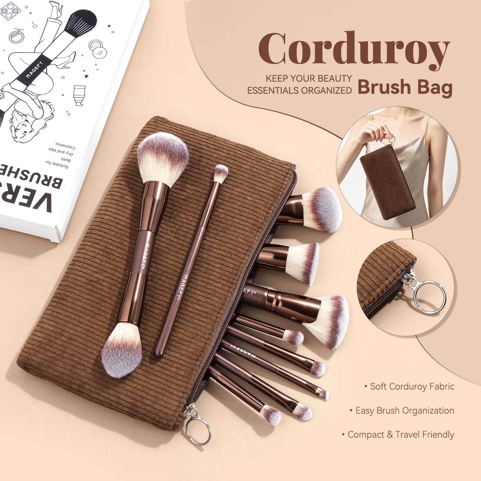 MAGEFY brushes next to a hand for scale to show travel-friendly size