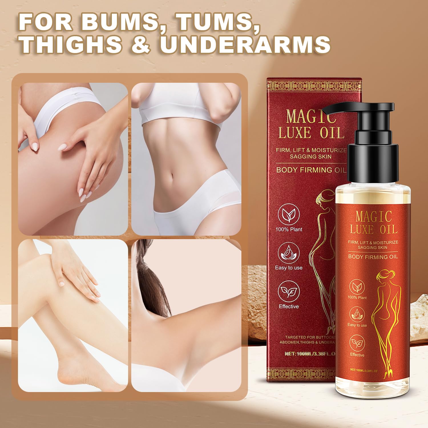 MAGIC LUXE OIL applied to thigh showing massage for smoother appearance