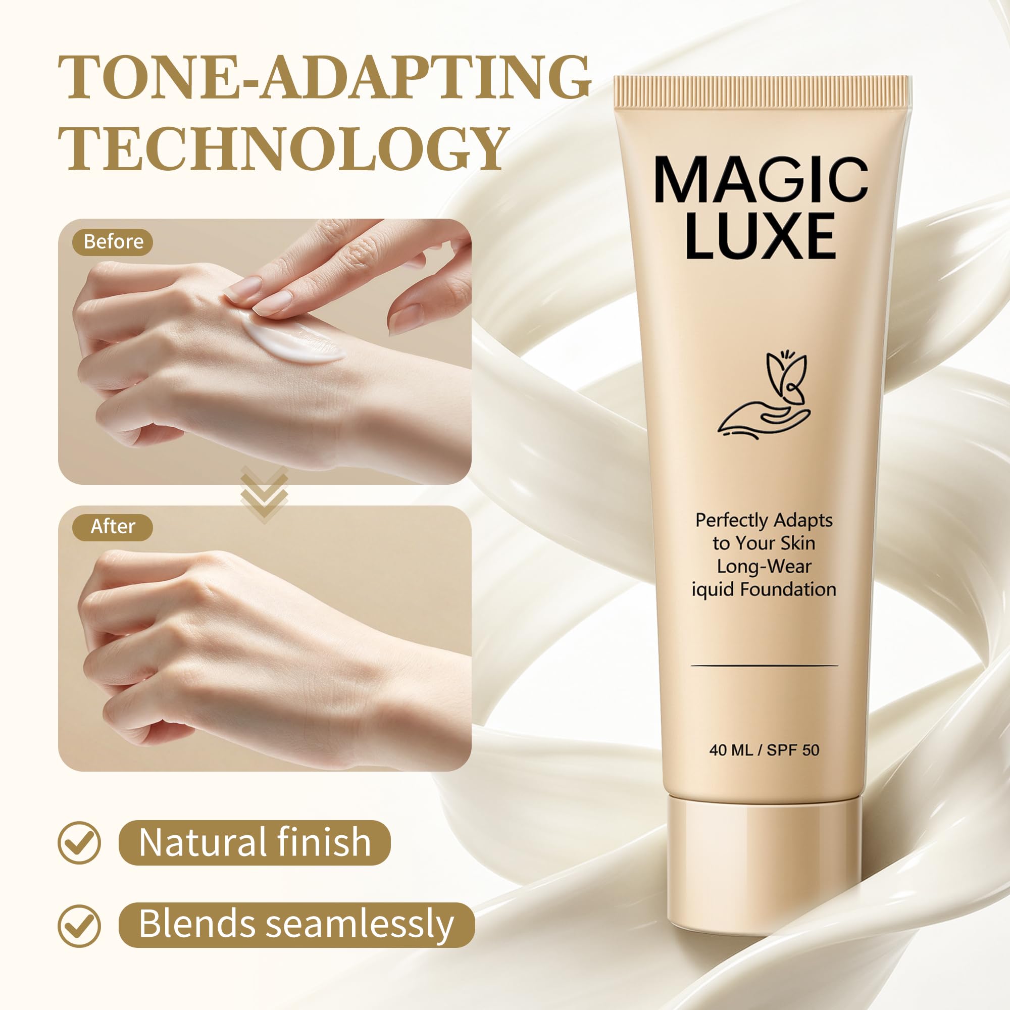 MAGIC LUXE OIL foundation pump dispensing product to demonstrate controlled, mess-free use