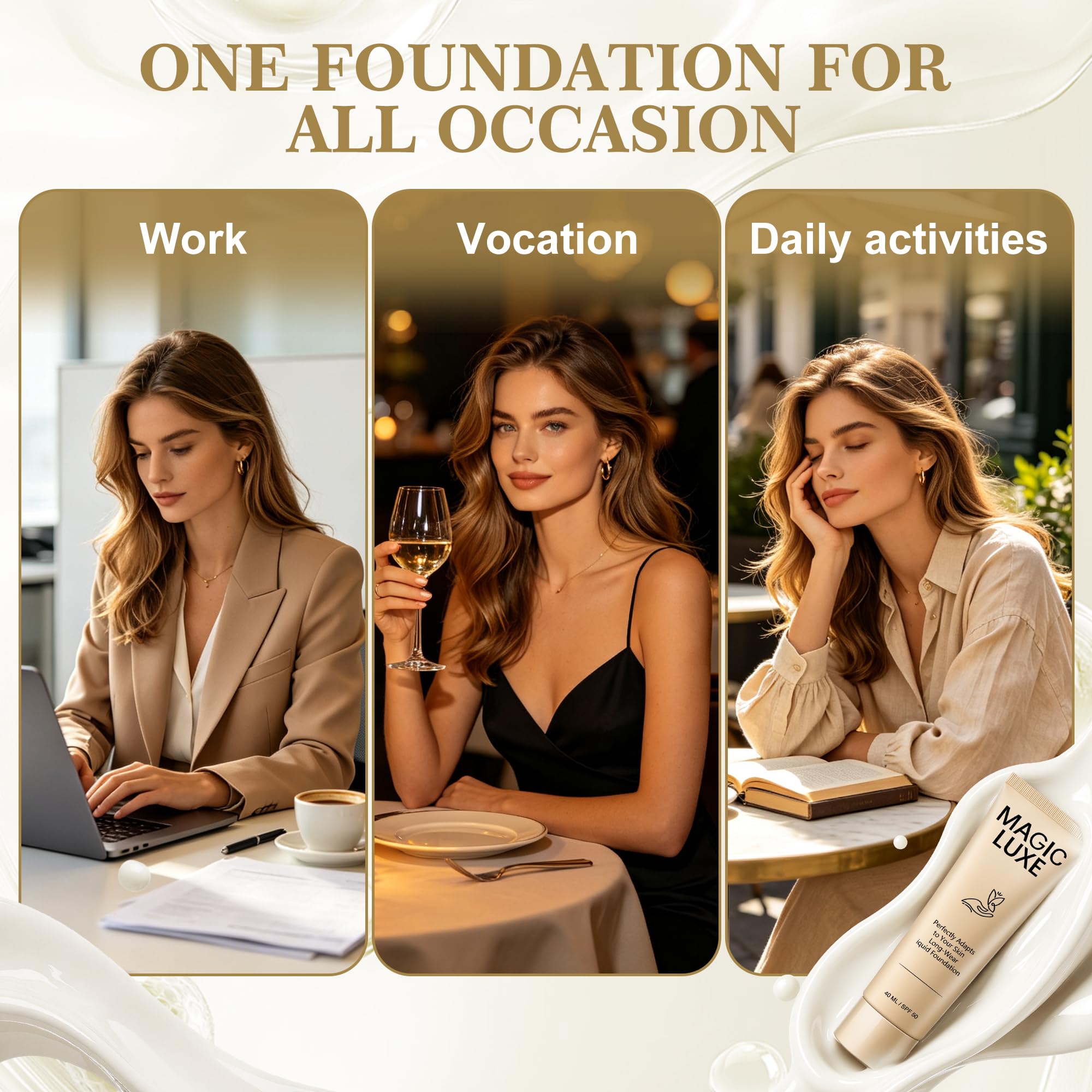 MAGIC LUXE OIL lifestyle day to night look depicting long‑wear performance and natural finish