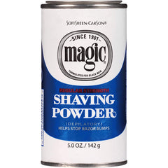 MAGIC shaving powder front jar showing brand and compact benefit
