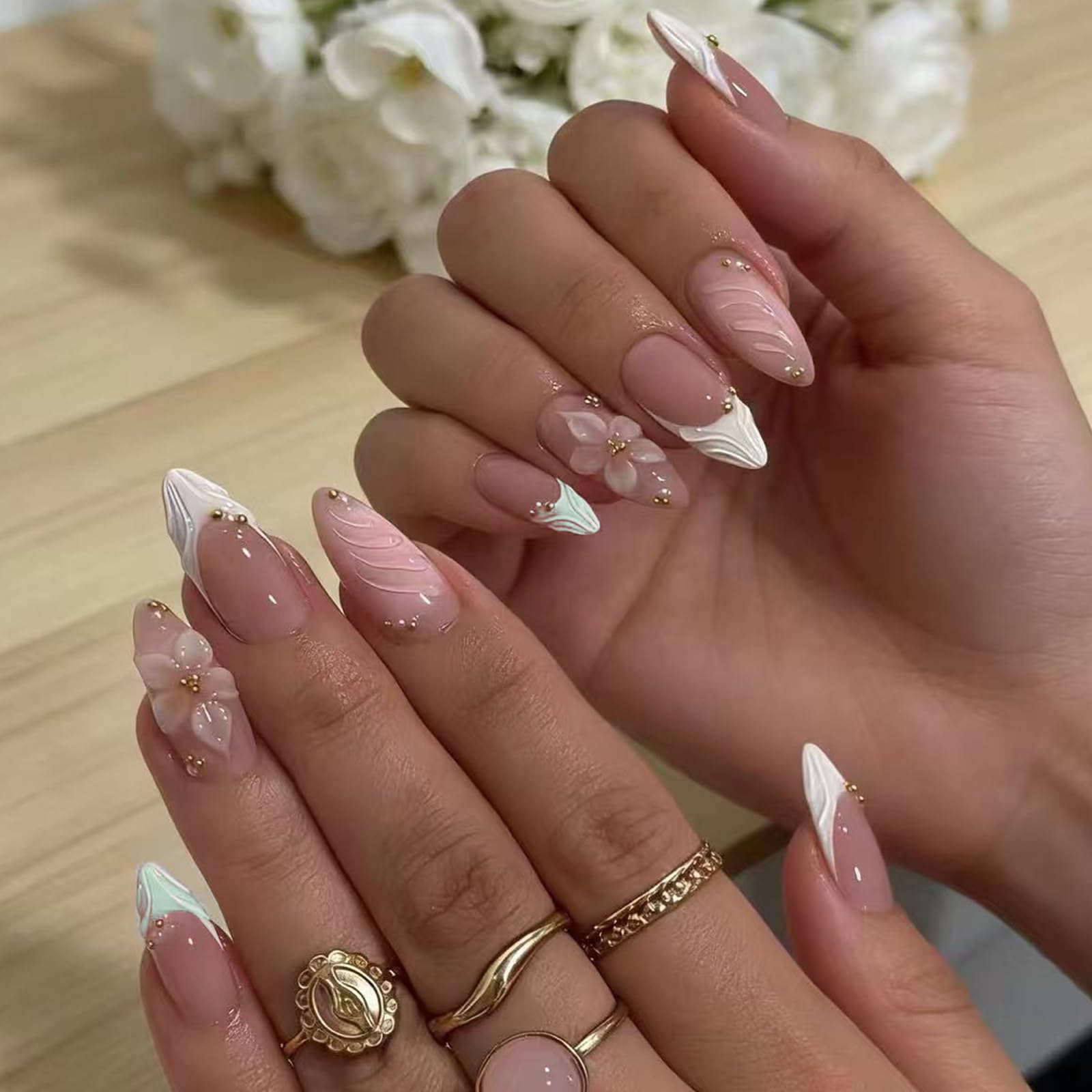 MAGLFELL front packaging showing spring almond press-on nails and contents benefit quick application