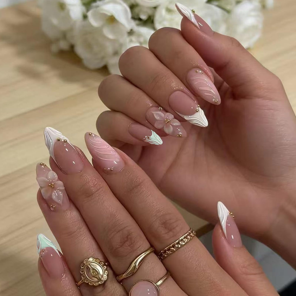 MAGLFELL front packaging showing spring almond press-on nails and contents benefit quick application