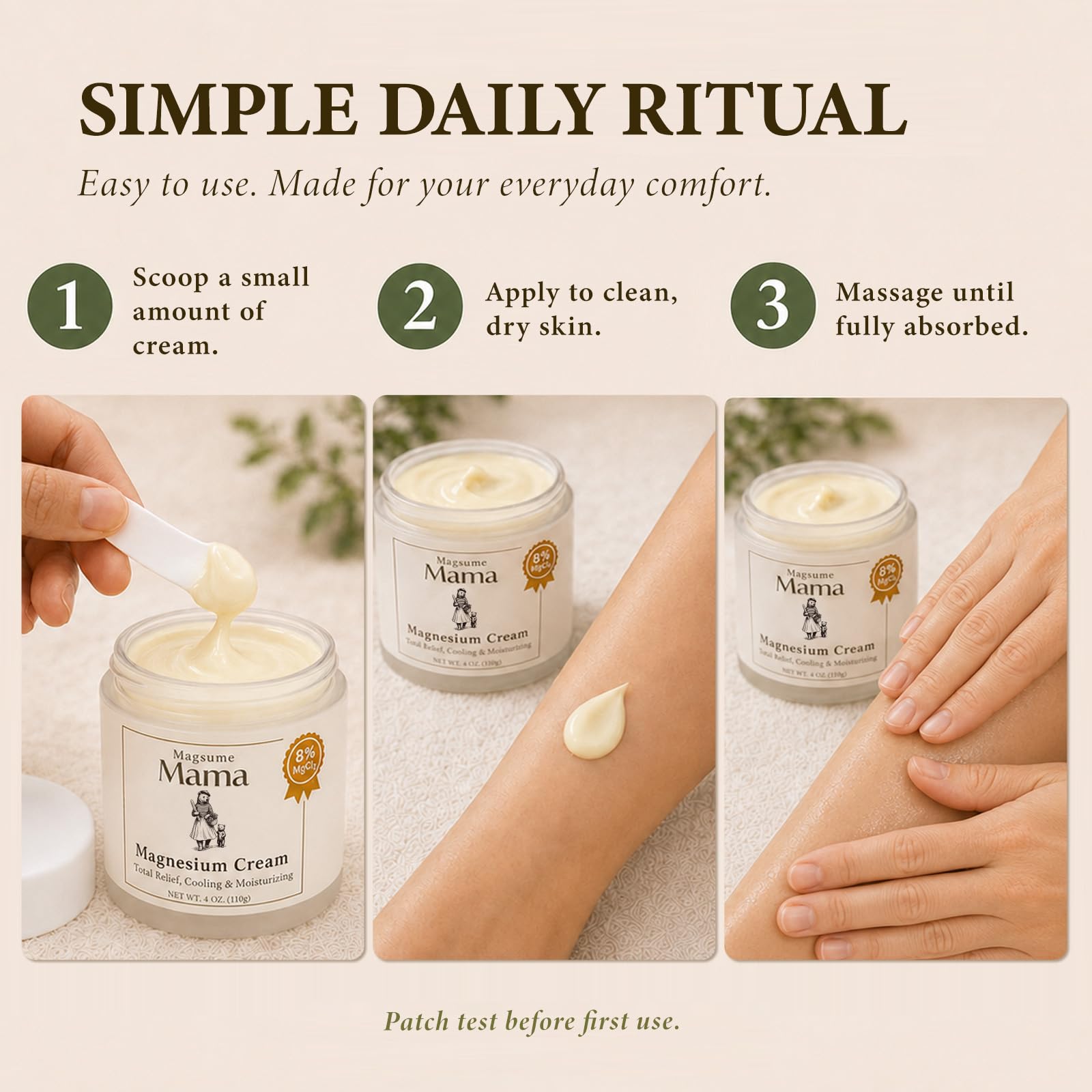 Magsume Mama 4 oz size comparison next to hands showing compact travel-friendly relief cream