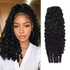 MAHKOTAKU front view of packaged Burmese curly ponytail showing natural black benefit