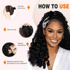 MAHKOTAKU model wearing high curly ponytail for instant volume and style