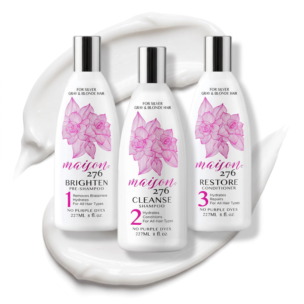 Maison 276 front packaging showing three 8 oz bottles for brightening gray hair