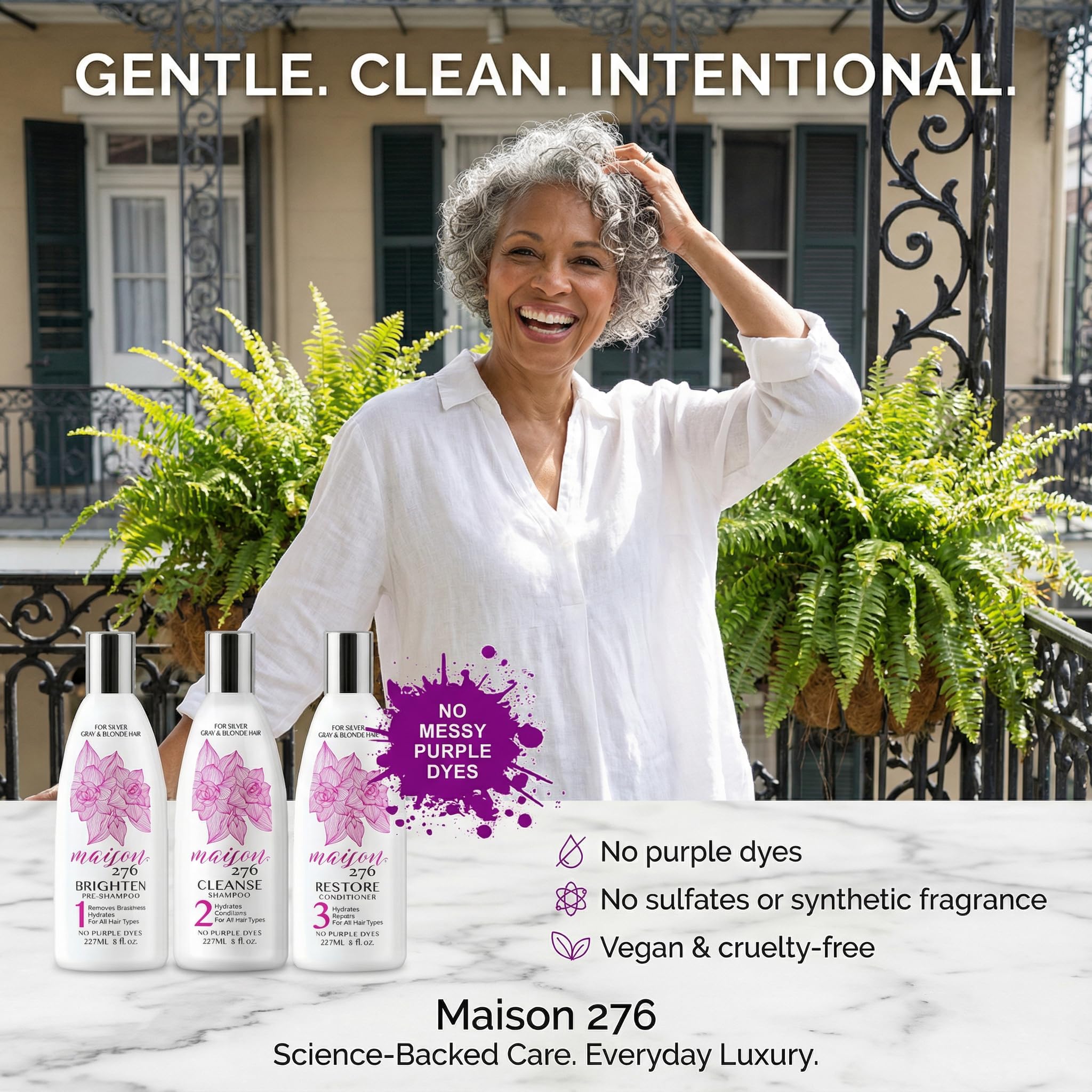 Maison 276 set styled on bathroom shelf to show lifestyle and routine use