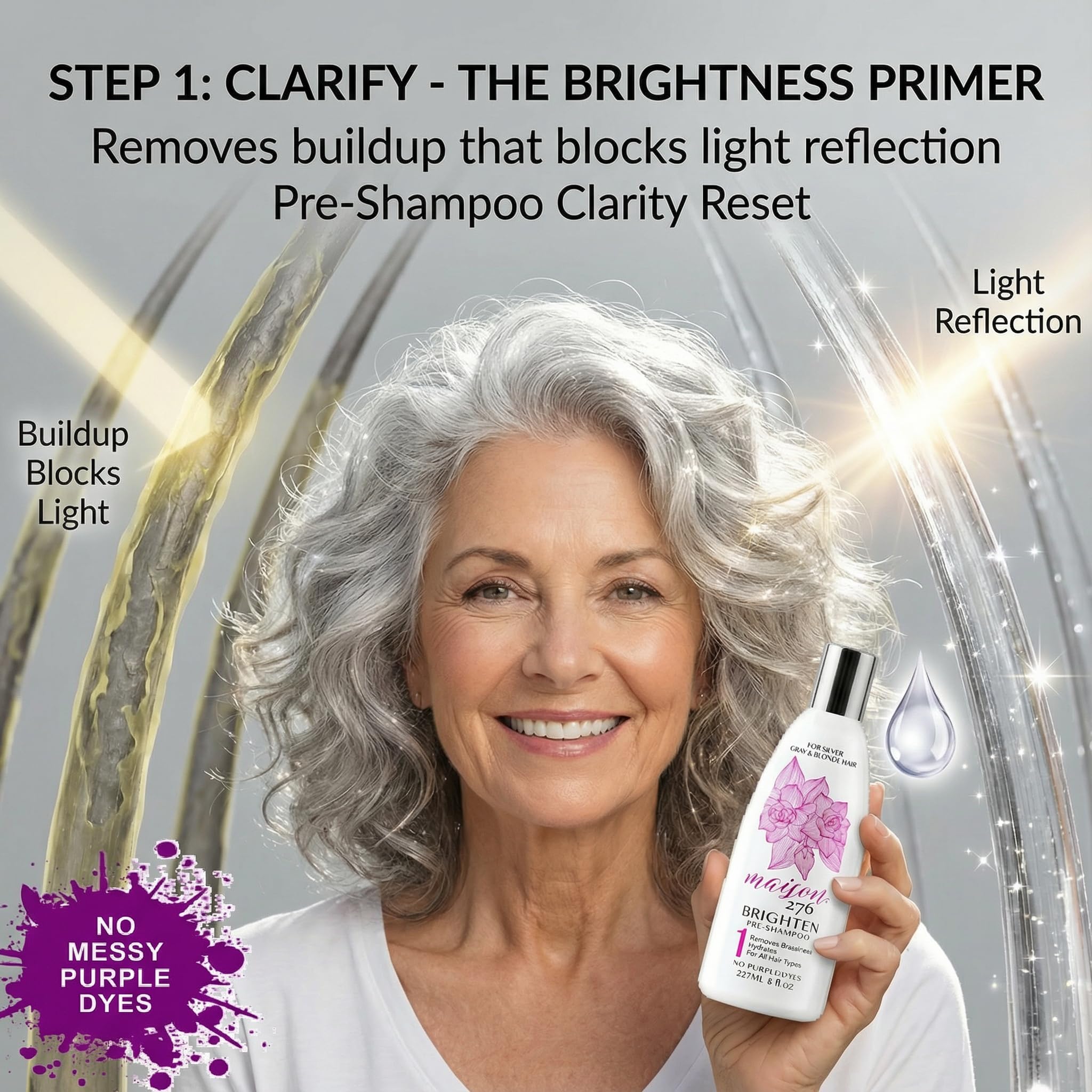 Before and after on silver hair showing Maison 276 brightness improvement