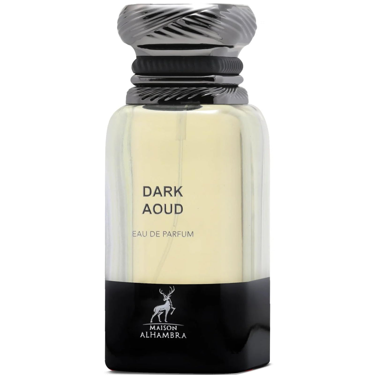 Maison Alhambra Dark Aoud front bottle view showing sleek design and premium finish