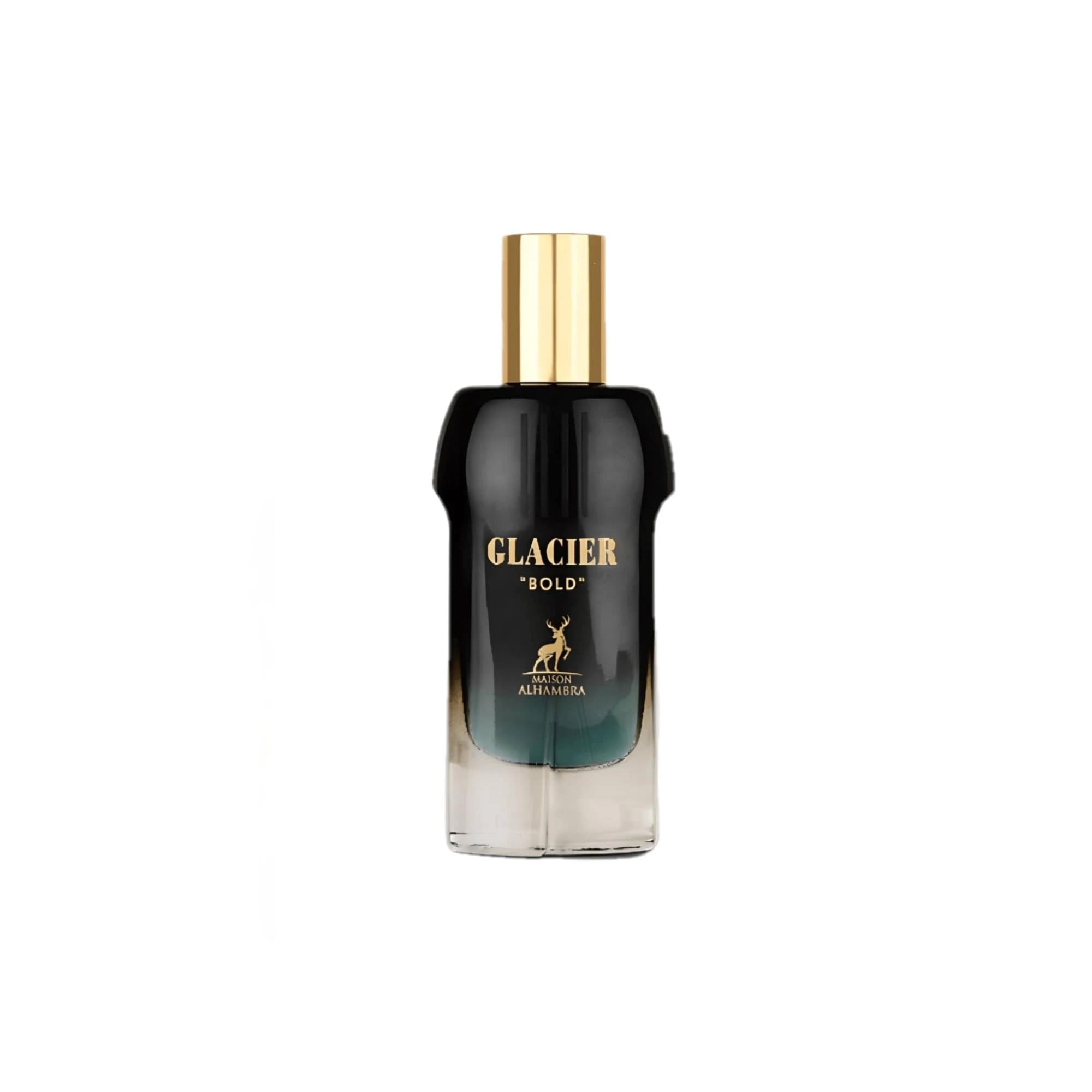 Maison Alhambra Glacier Bold notes arrangement showing pear, bergamot, vanilla and vetiver blend benefit