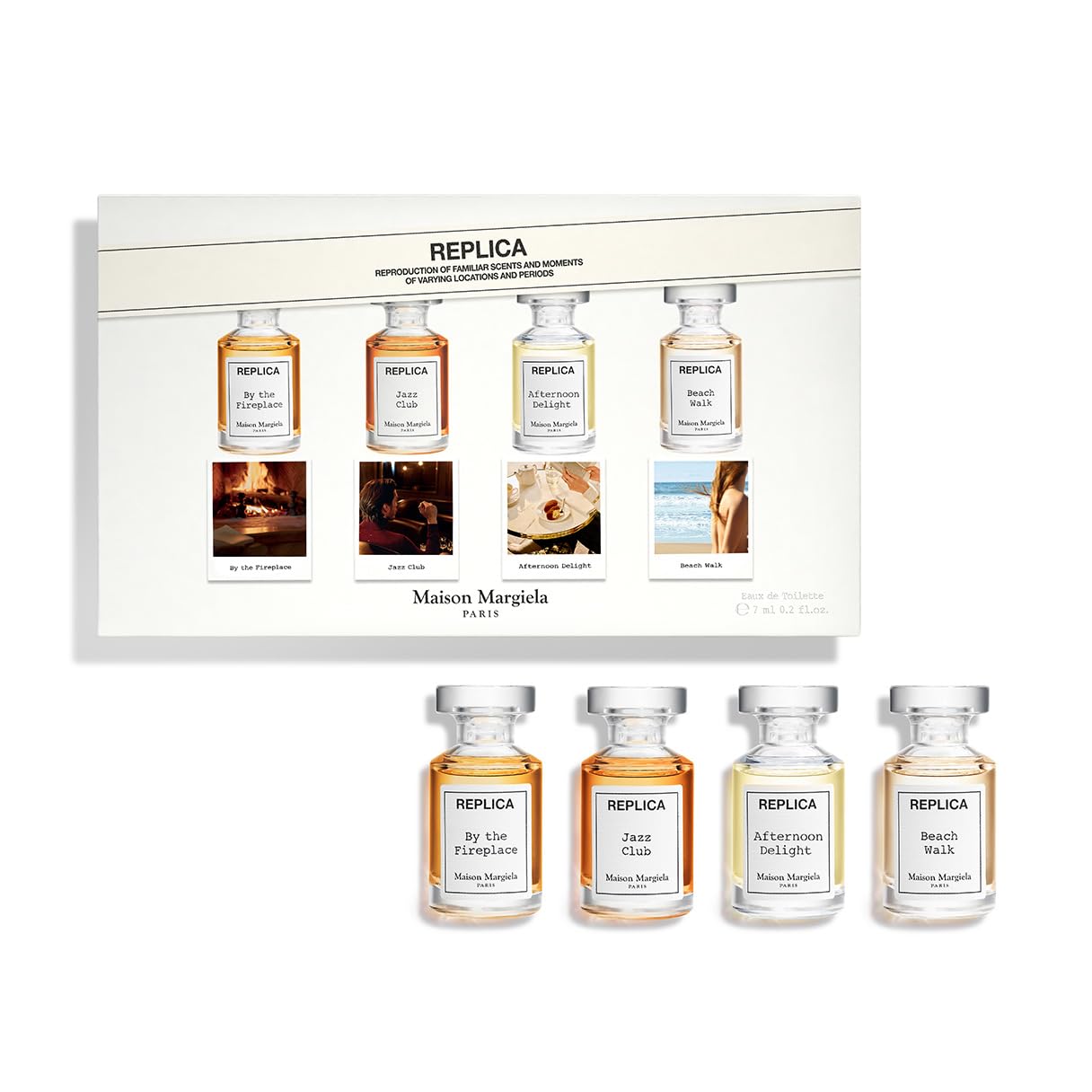 Maison Margiela front packaging showing four mini bottles, easy travel sampling