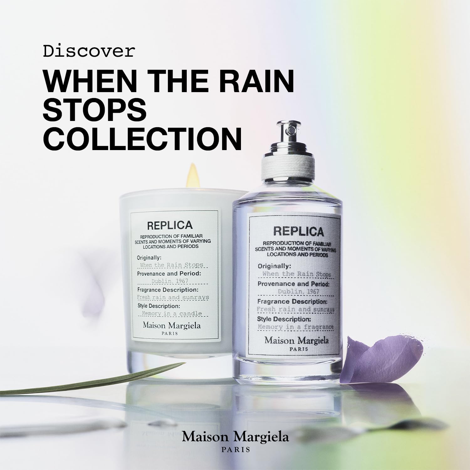 Maison Margiela lifestyle outdoor scene with bottle after rain, conveys fresh natural vibe