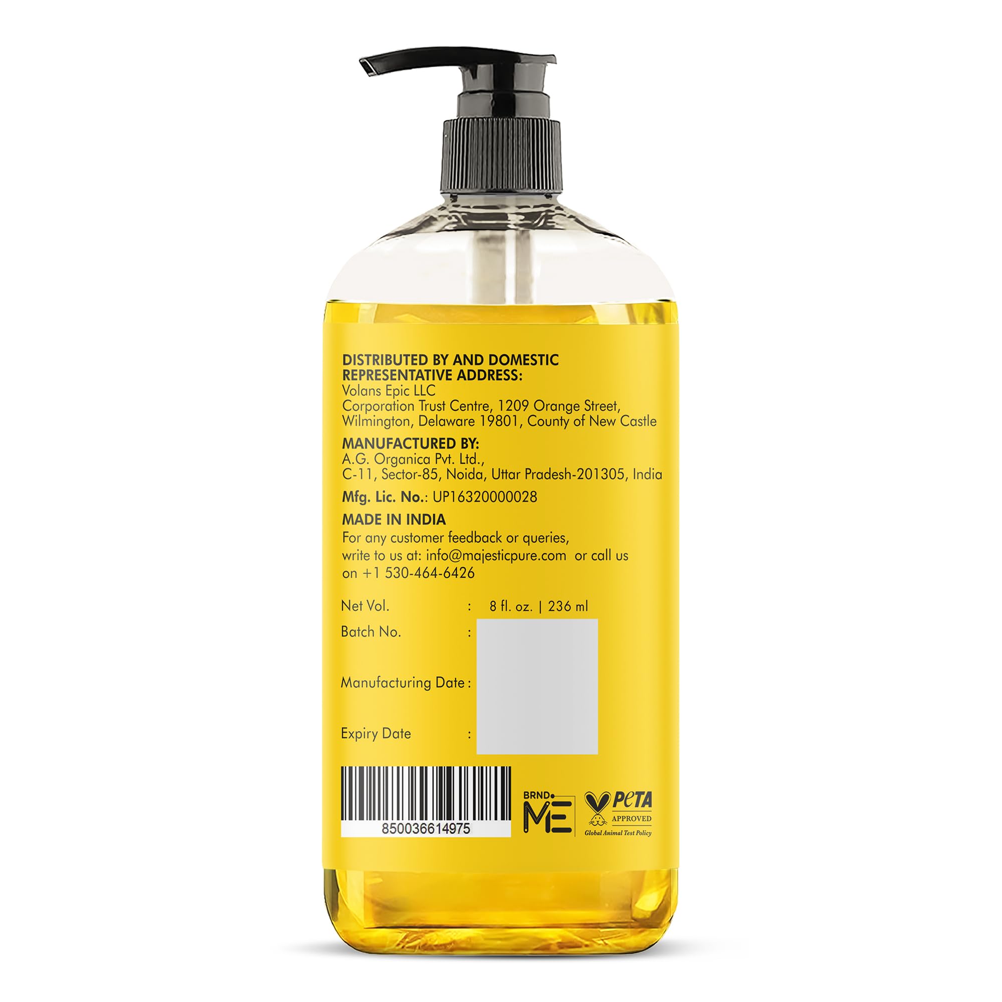 Majestic Pure bottle held in hand for scale showing generous 8 fl oz supply benefit