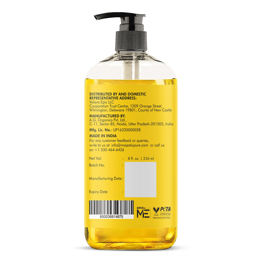 Majestic Pure bottle held in hand for scale showing generous 8 fl oz supply benefit