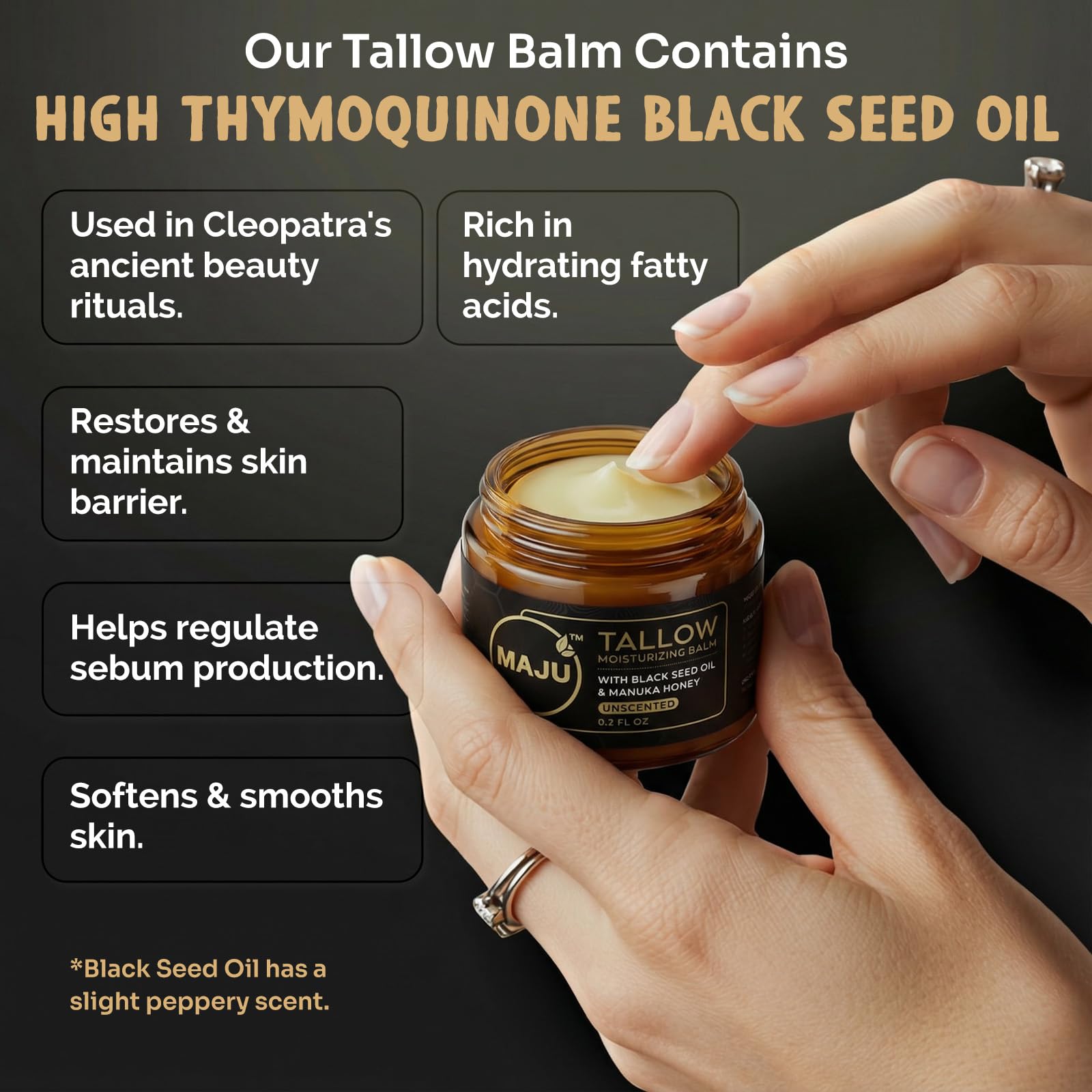 MAJU balm spread on hand showing quick absorption and lasting hydration