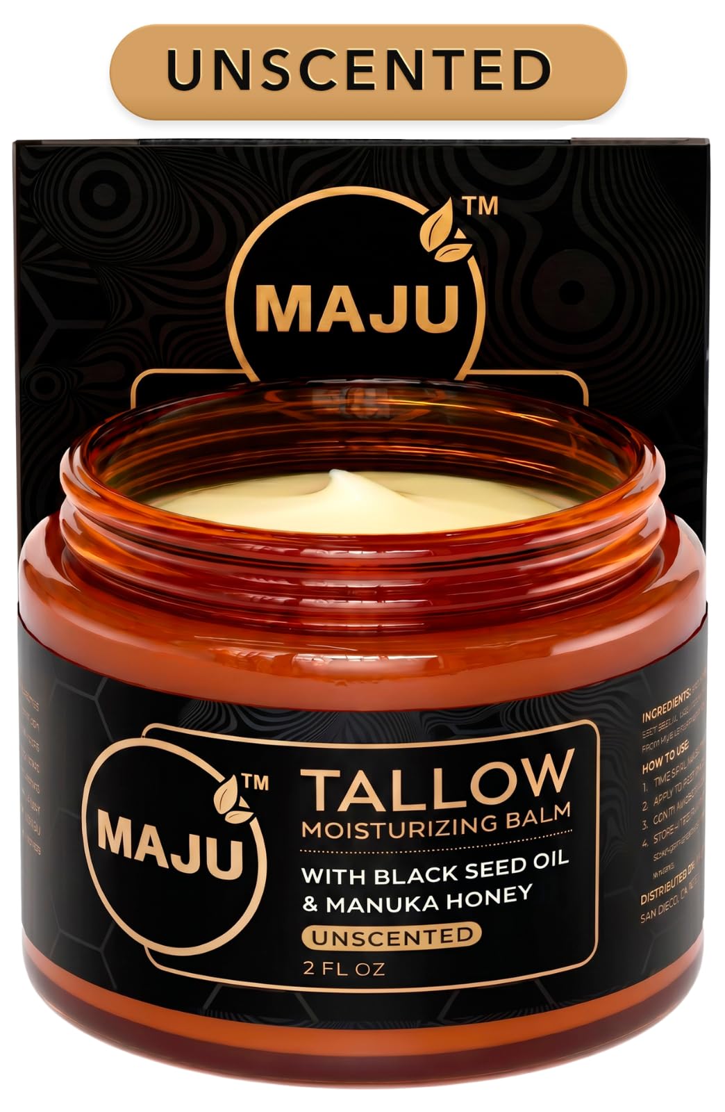 MAJU front jar shot showing unscented tallow balm and clear ingredient promise