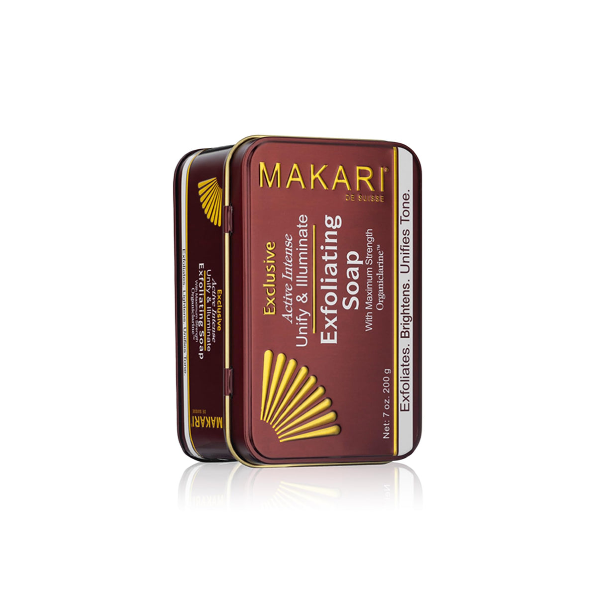 MAKARI front packaging showing brightening bar and benefits
