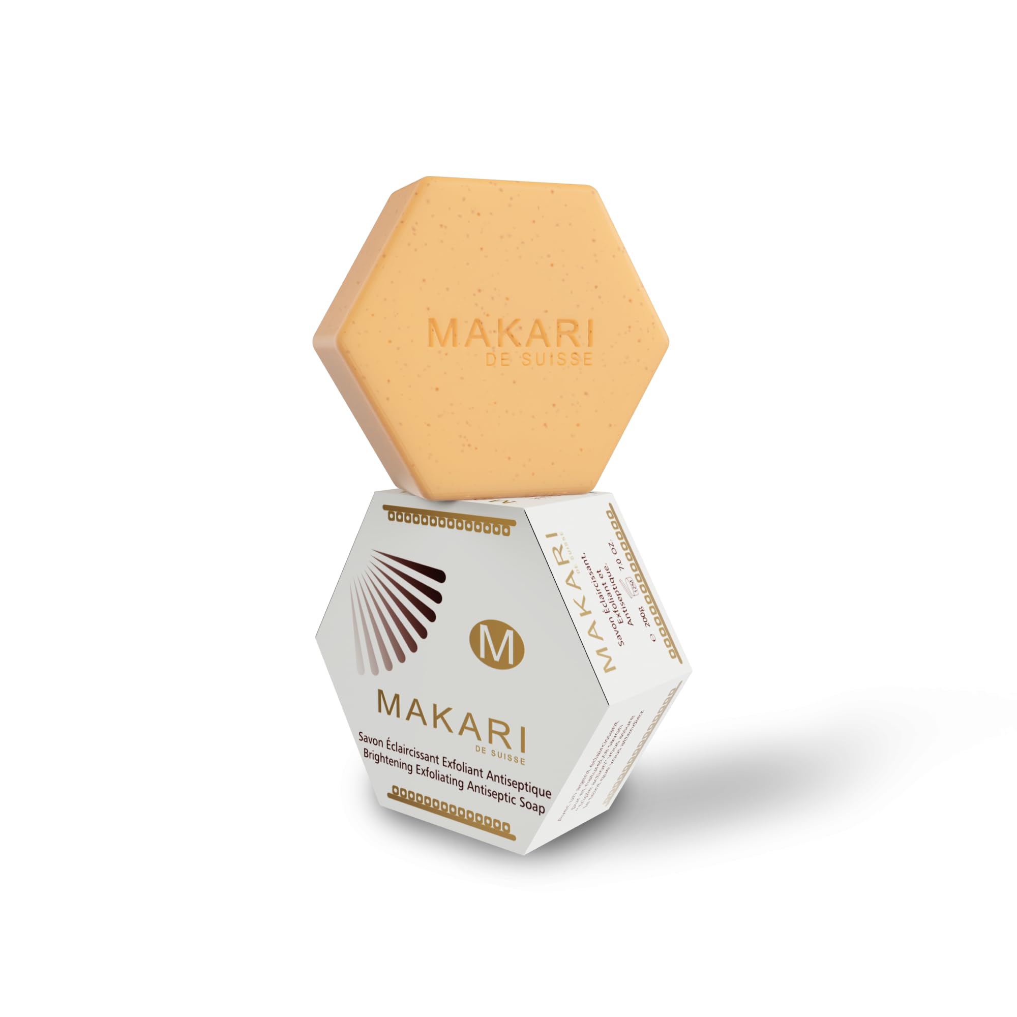 MAKARI front-facing soap package showing the 7 oz bar and brand