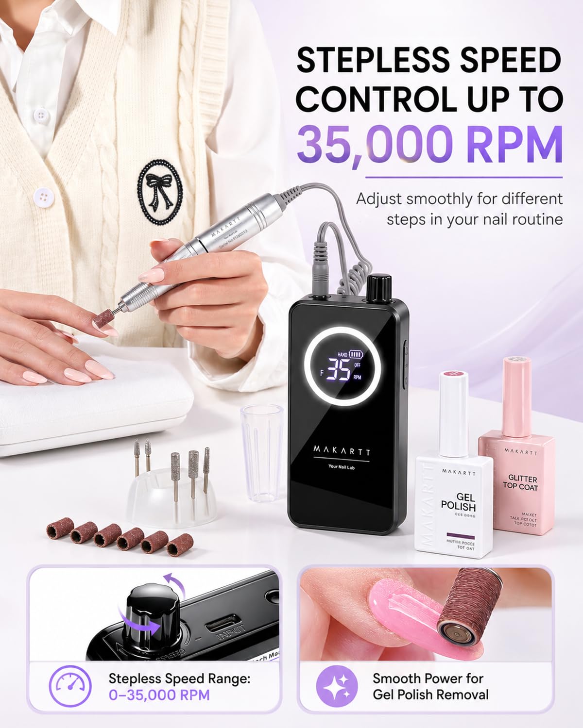 Makartt nail drill connected to charger indicating rechargeable battery convenience