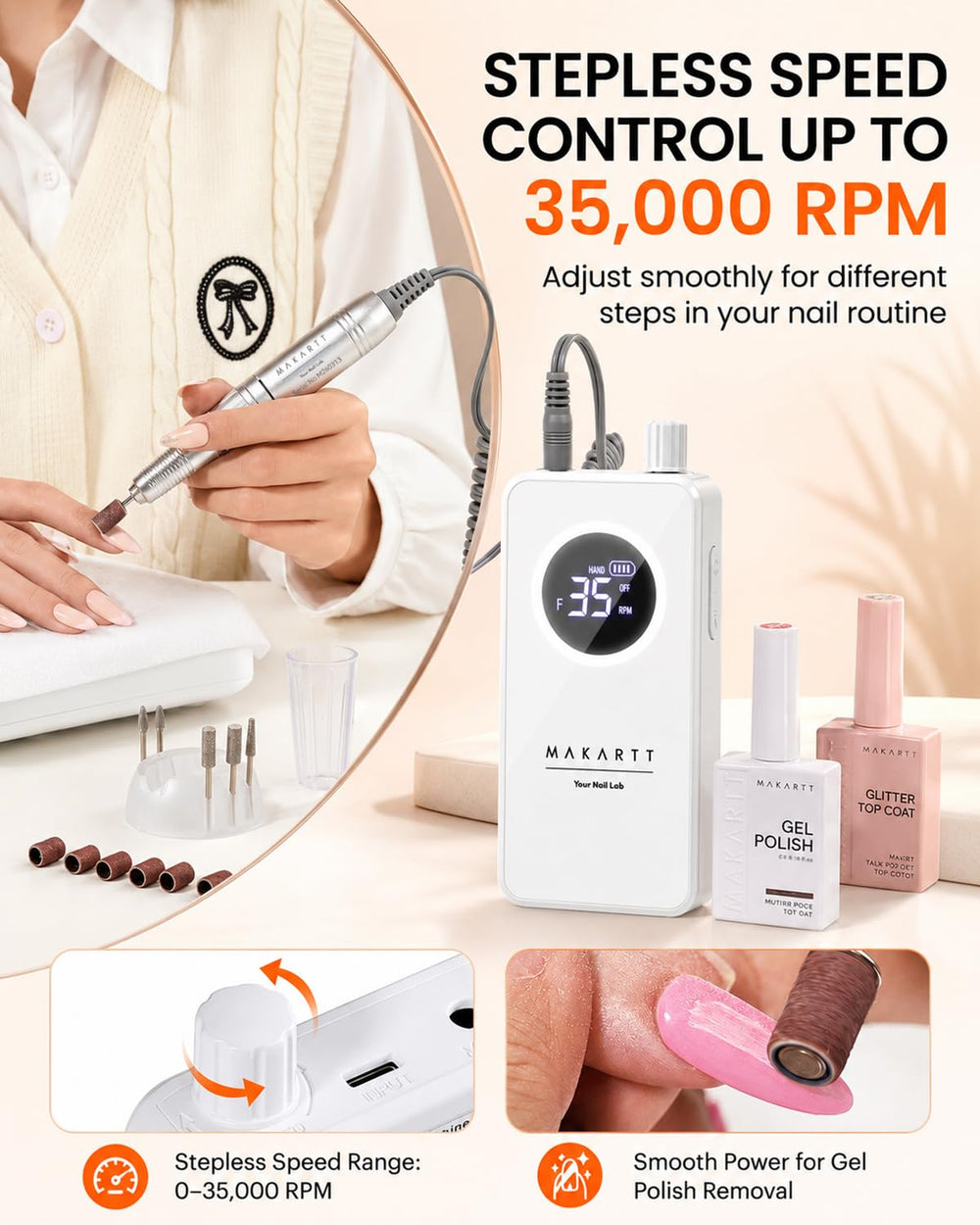 Makartt drill with bits and accessories organized for versatile nail tasks