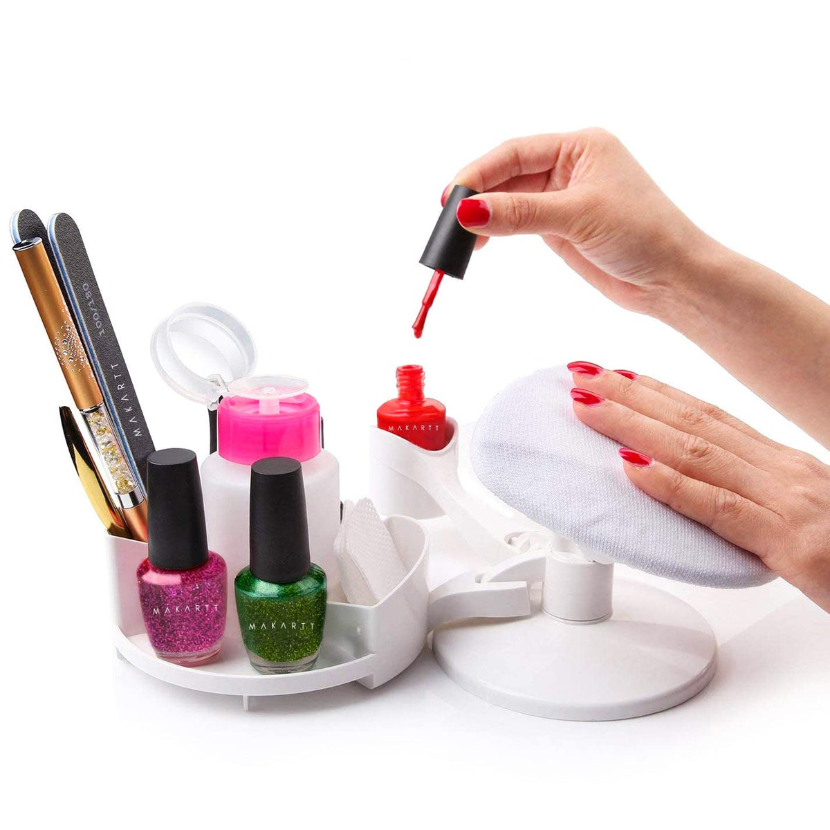 Makartt front view showing complete manicure stand and trays for organized workflow