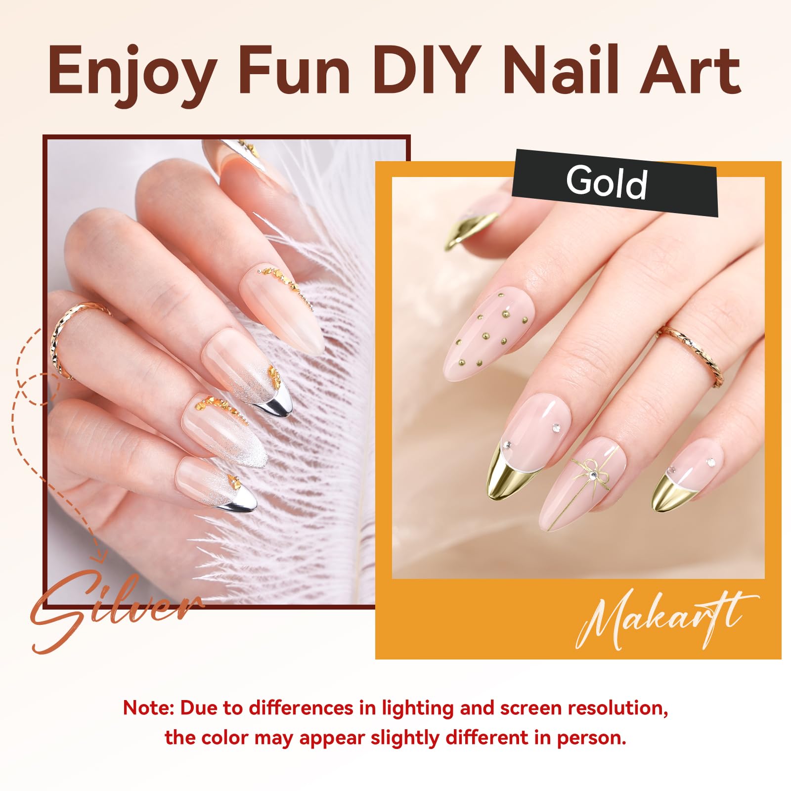 Makartt metallic gold accent manicure showing reflective glow and decorative versatility benefit
