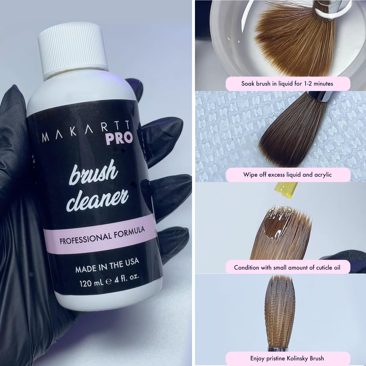 MakarttPro bottle on salon station with brushes showing professional maintenance benefit