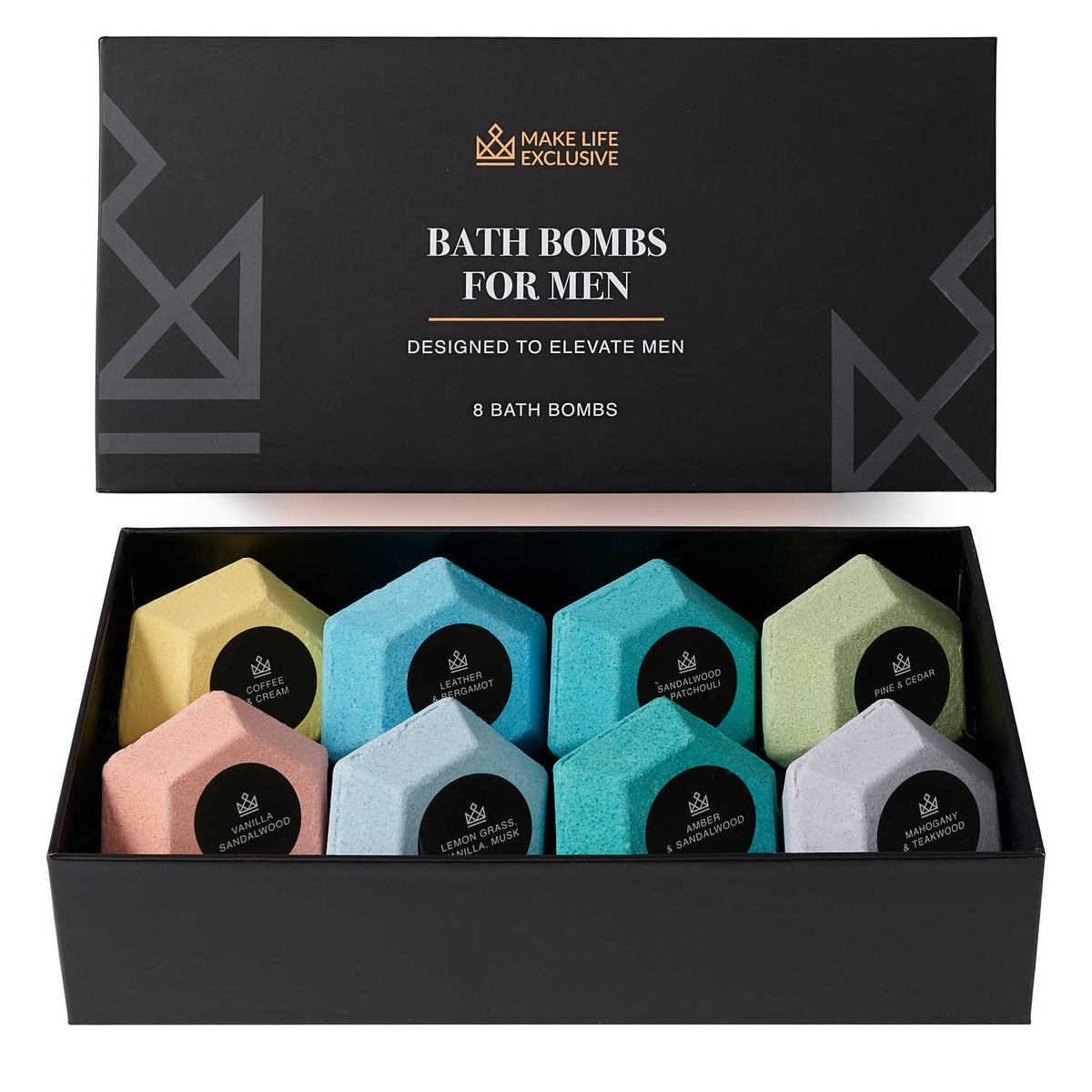 MAKE LIFE EXCLUSIVE front packaging showing premium eight-bath-bomb set and gifting appeal