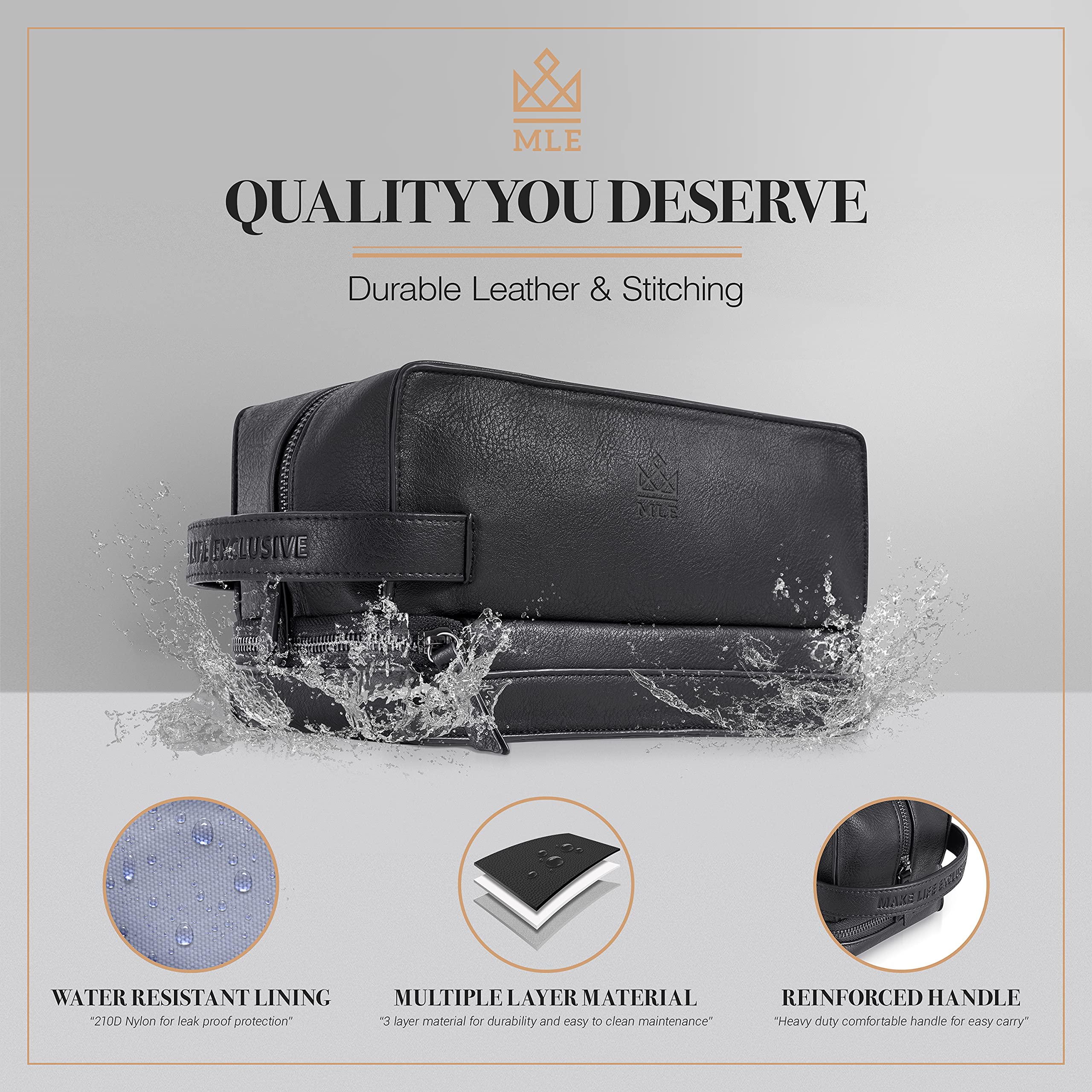 MAKE LIFE EXCLUSIVE bag beside toiletries to show compact 9.75 x 5 x 5 size