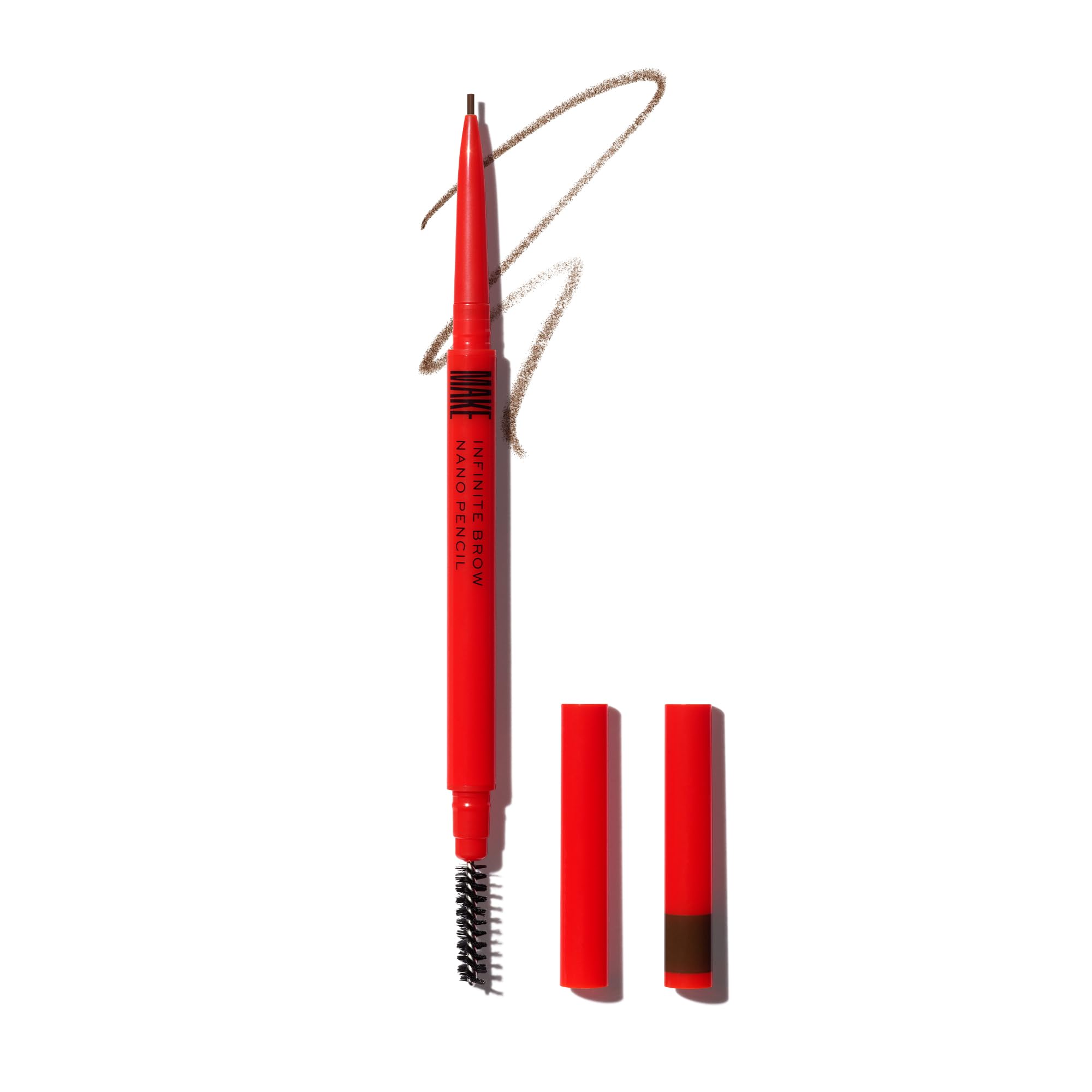 MAKE nano eyebrow pencil front view showing warm brown shade benefit precise shaping