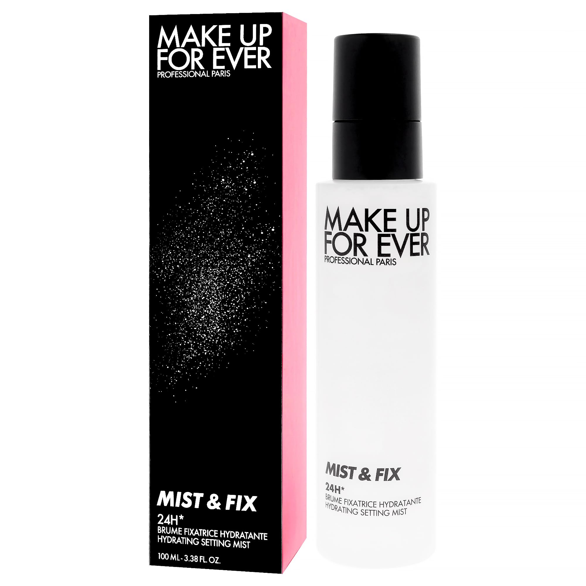 Make Up For Ever bottle next to a 3.4 oz scale, illustrating portable size and travel-friendly benefit