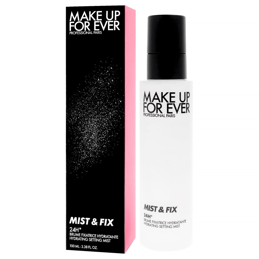 Make Up For Ever bottle next to a 3.4 oz scale, illustrating portable size and travel-friendly benefit