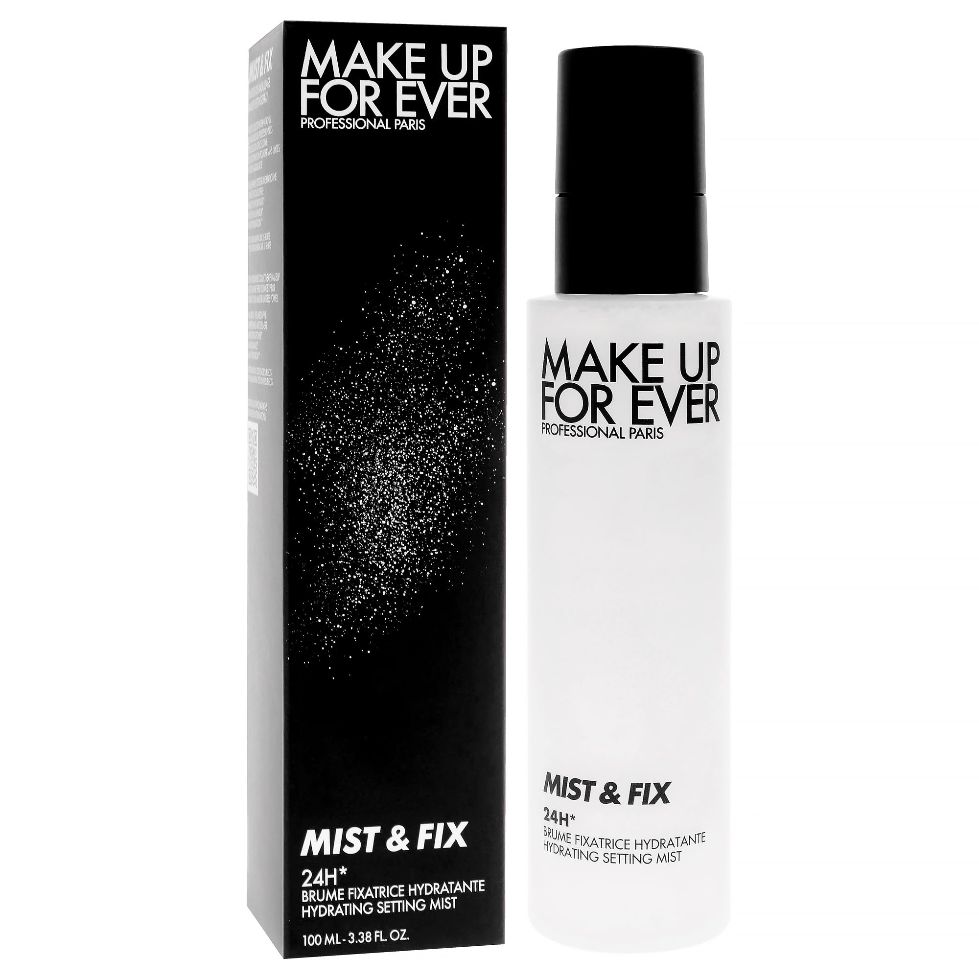 Make Up For Ever spray in use on model, demonstrating hydration and setting without disturbing makeup