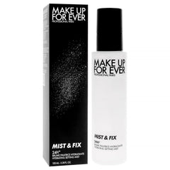 Make Up For Ever spray in use on model, demonstrating hydration and setting without disturbing makeup