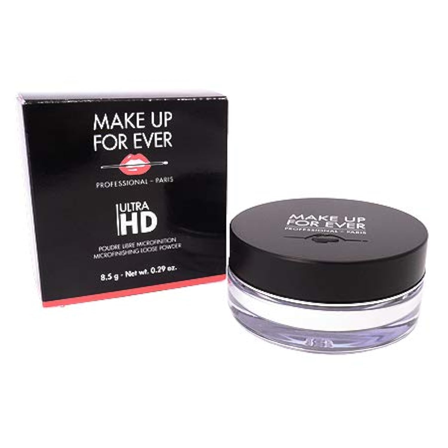 Make Up For Ever front view jar showing translucent powder and clear label, professional finish