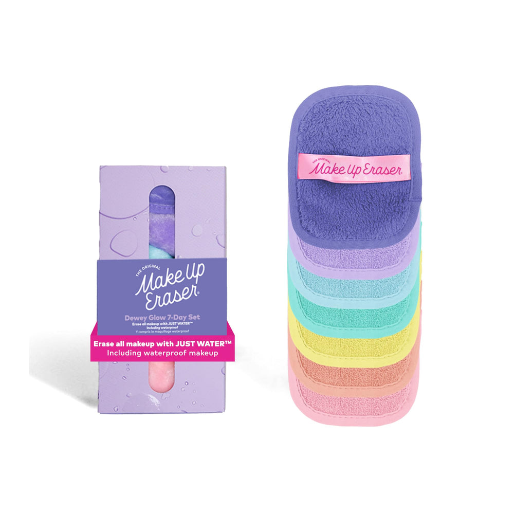 MakeUp Eraser front packaging showing dewy glow set and eco benefit