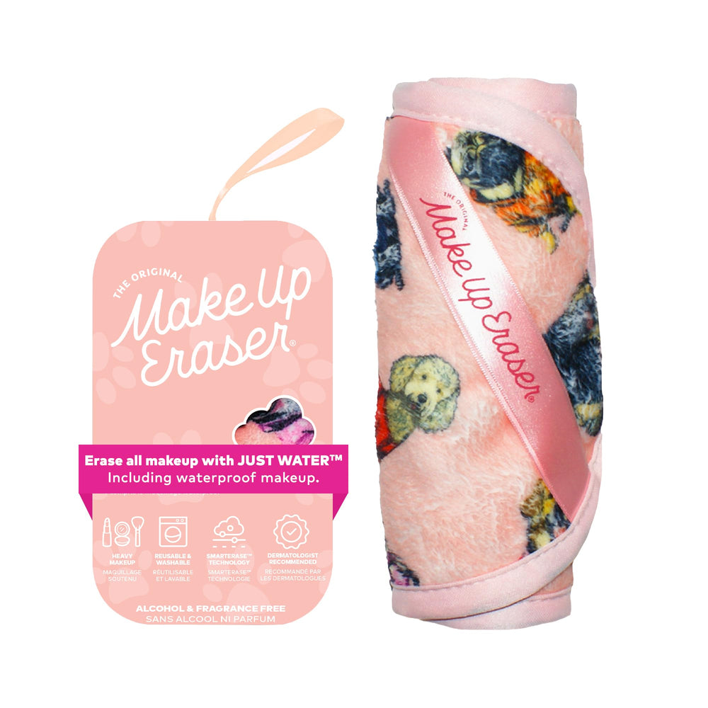 MakeUp Eraser front view showing puppy print and washable benefit