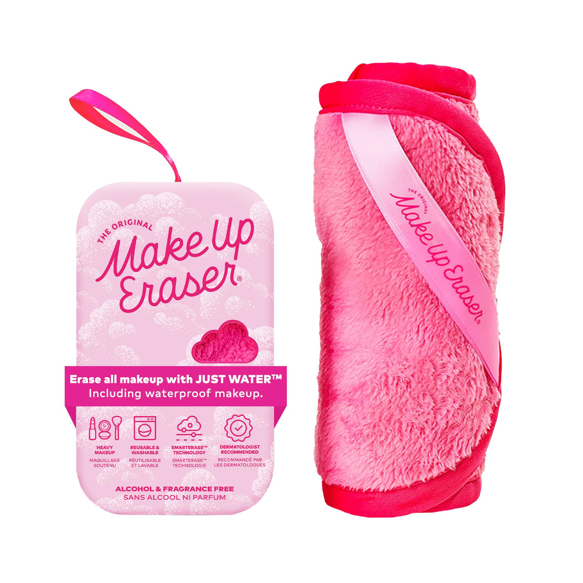 MakeUp Eraser front view showing pink cloth and compact storage benefit