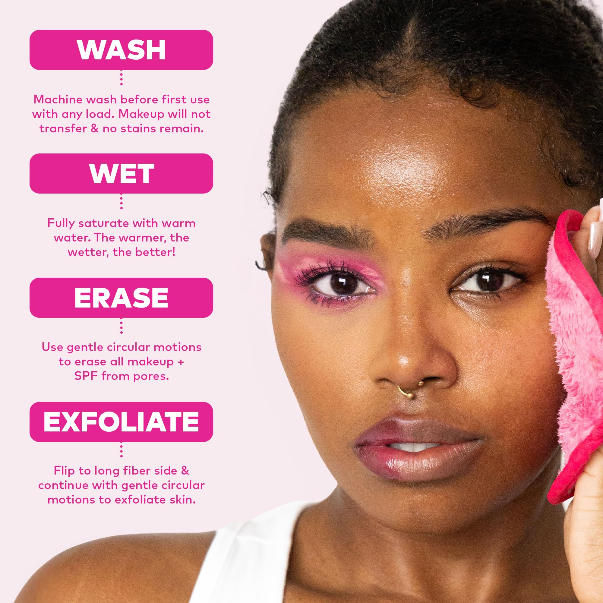 MakeUp Eraser tag and long-fiber side showing exfoliating finish benefit