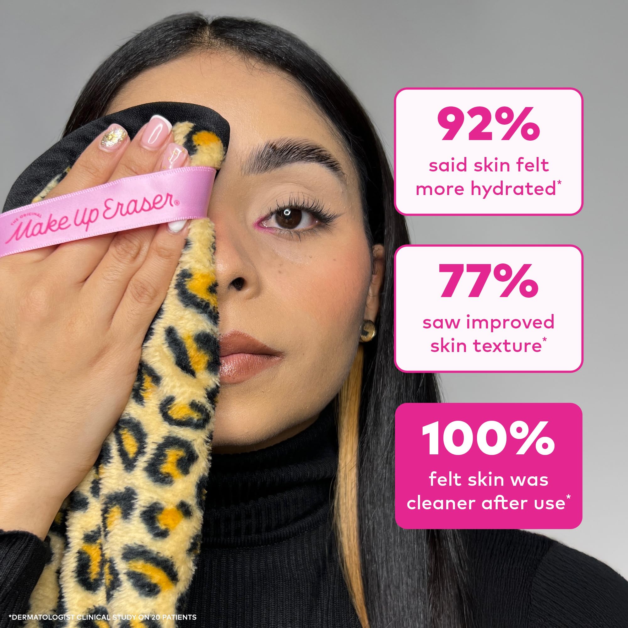 MakeUp Eraser Pro leopard in hand showing Pro size for faster removal benefit