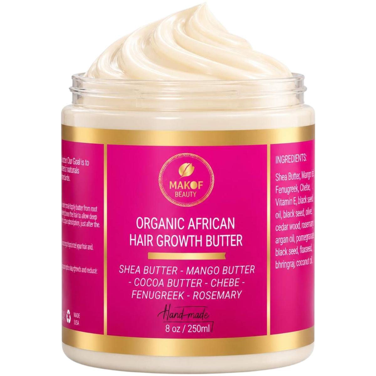 MAKOF BEAUTY front jar view showing packaging and easy scoop benefit