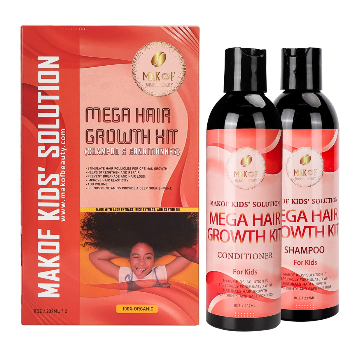 MAKOF BEAUTY front packaging showing kids shampoo and conditioner, clear benefit visible