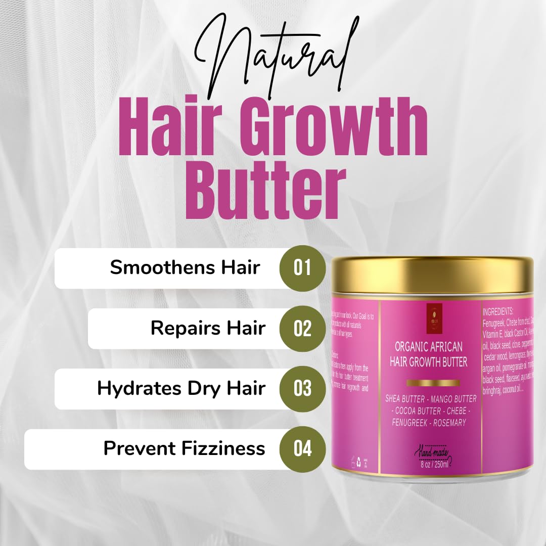 MAKOF BEAUTY arranged ingredients fenugreek chebe shea showing natural benefits