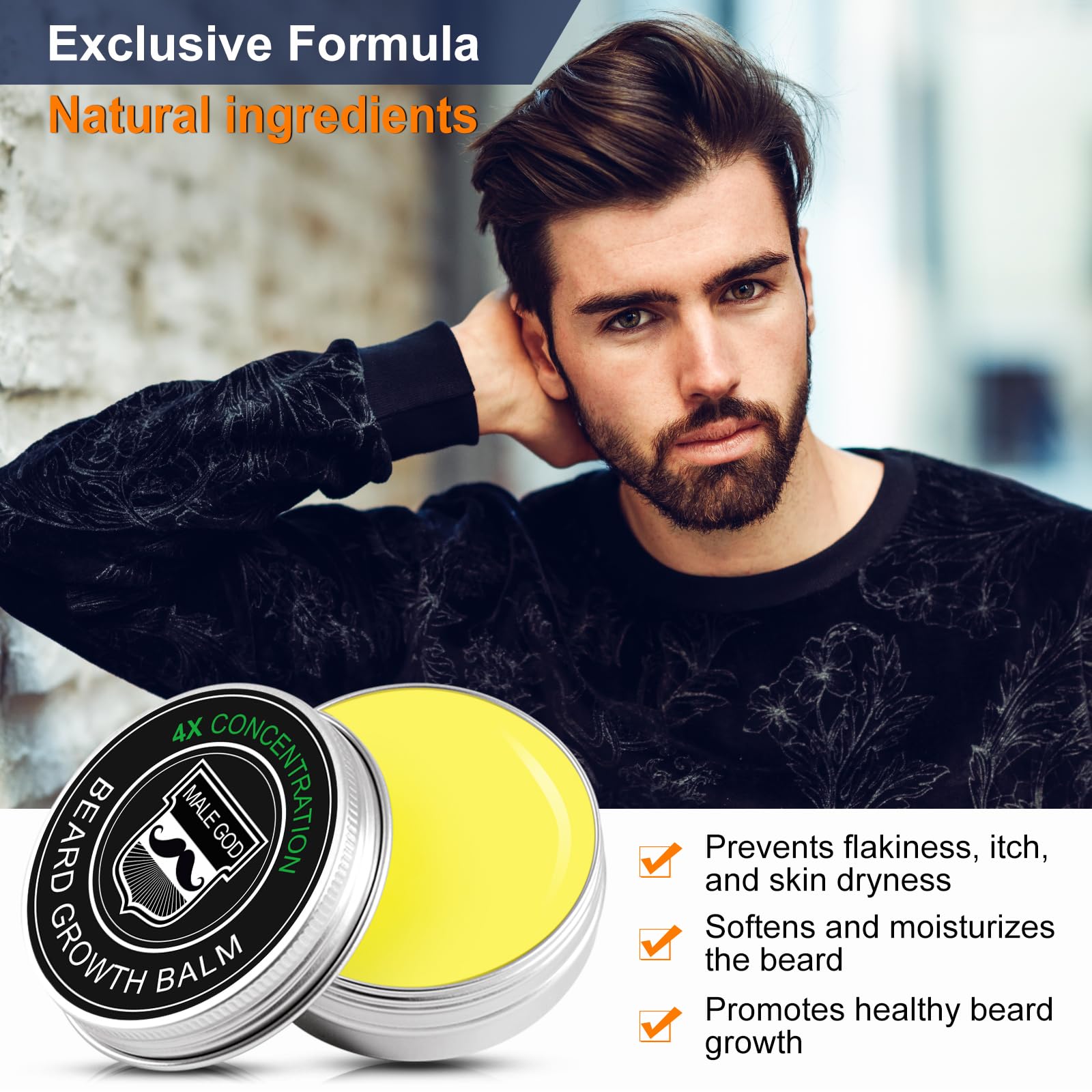 MALE GOD balm being applied to beard for conditioning and gentle hold